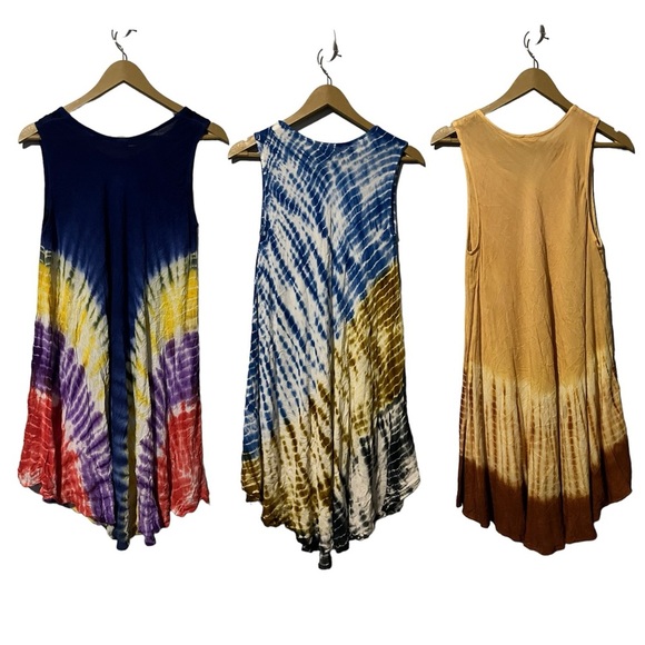 SET OF 3 - One Size Hippie Boho Beachy Tie Dye Flowy Summer Dresses (Free Size) - Picture 2 of 16